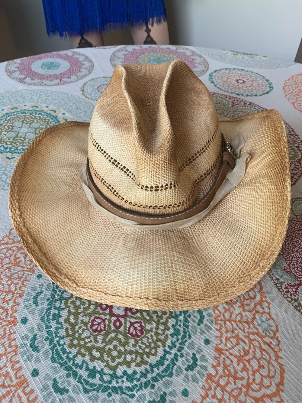 Stetson Cream Straw Hat with Blue Trim - Picture 4 of 12